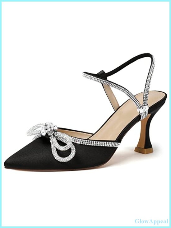 Shoes - Women's Rhinestone Slingback Kitten Heels with Bow, Closed Toe Pumps for Wedding